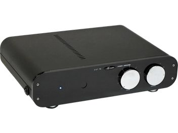 Lector Audio ZXT-70 svart integrert stereoforsterker, sett forfra med to store sølvfargede kontroller