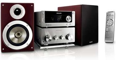 Sort Philips MCM772 Hi-Fi mini-anlæg med højttalere, forstærker-tuner med sølvfarvet frontpanel, fjernbetjening og display
