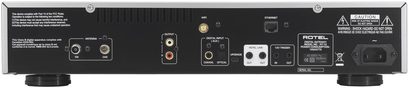 Rotel RT-12 sort netværksaudioafspiller, set bagfra, lyd- og netværkstilslutninger, Wi-Fi-antenne, Ethernet-port, RCA-stik
