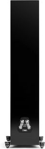 Diffusore a colonna MartinLogan Motion XT F100 nero laccato visto da dietro con morsetti di connessione visibili e piedini metallici