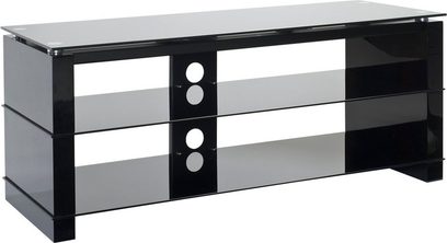 Ateca Crystal sort/sort TV-møbel, 4 hylder i røgfarvet glas, 2 sorte døre, blank sort struktur