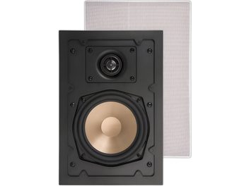 Sort indbygget væghøjttaler ArtSound HPRE650 med kobberfarvet woofer og centreret diskant, aftageligt hvidt gitter i baggrunden