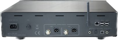 Front view of Consonance CDS 120 black CD player, analog and digital connectivity, display, control buttons