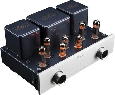 Cayin MT-12N EL84 integrert stereo rørforsterker i midnattsblå metall med børstet sølvfarget aluminiumsfront, tre rektangulære transformatordeksler bak, seks synlige gløderør på toppen og to store sylindriske knotter sett fra trekvart vinkel foran