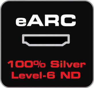 Audioquest Firebird 48Gbps 72v DBS 2m HDMI-kabel. eARC-logo og tekst "100% Silver Level-6 ND" på sort baggrund