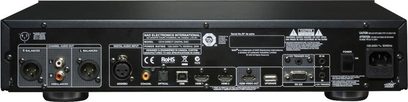 NAD C 510DAC stereopræamplifier, frontvisning, sort, audio- og digitale stik, knapper og display