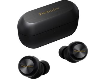 Навушники Technics EAH-AZ100E чорного кольору з бездротовим Bluetooth-підключенням, прямокутна коробка з закругленими кутами та золотим логотипом, 2 круглих навушники