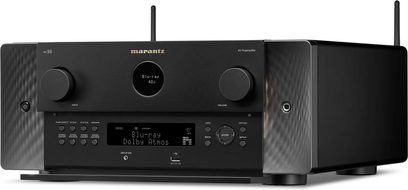 Marantz AV 10 black home theater preamplifier, front view, displaying "Blu-ray Dolby Atmos" on the screen