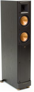 Diffusore da pavimento Klipsch RF-52 MkII nero, vista frontale, con due altoparlanti circolari dorati e un tweeter, su un basamento in legno