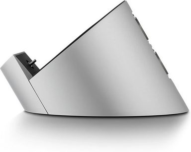 Dock Astell&Kern AK Cradle argentato con profilo inclinato, visto di lato, con connettore di ricarica nero