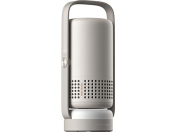 Beige plastic XGIMI Vibe One projector, cylindrical body with integrated handle and perforated grille, side view