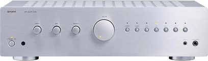 Tangent AMP-200 sølvfarvet stereo hi-fi-forstærker, set forfra, knapper og stik på forsiden, rektangulært metalhus i sølvfarve