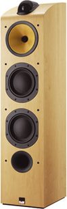 Bowers & Wilkins 703 lydsøjle i lyst træ, set forfra, med 4 sorte højttalere i forskellige størrelser