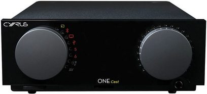 Ampli hi-fi stéréo Cyrus ONE HD Cast noir, face avant avec deux boutons rotatifs et un écran rond central affichant des chiffres