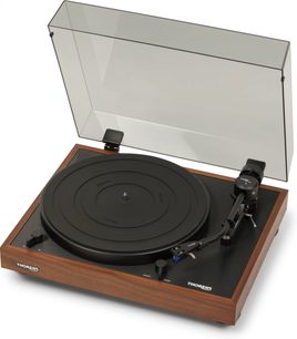 Thorens TD 403 DD OAK Schallplattenspieler, Holzfinish, schwarzer Plattenteller und schwarzer Tonarm, transparente Staubschutzhaube geöffnet