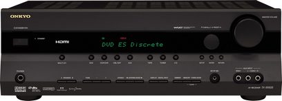 Onkyo TX-SR506 home theater amplifier, front view, black facade with display, buttons and front panel inputs, two adjustment knobs