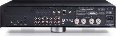 Primare I25 integreret sølvfarvet forstærker, frontpanel med analoge og digitale tilslutninger, knapper og LED-display