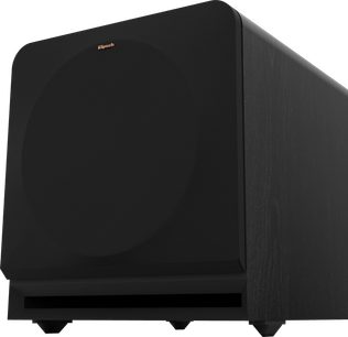 Klipsch RP-1200SW sort subwoofer, set forfra, kubisk form, sort stofgitter dækker fronten
