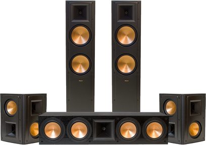 Pakke med sorte Klipsch RF-82 MKII + RC-64 gulvhøjttalere og centerhøjttaler, højttalere med kobberfarvet membran, set forfra