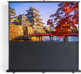 Écran de projection portable Projeo PullUP HD 90 sur pied, toile blanche avec bordure noire et carter noir au sol