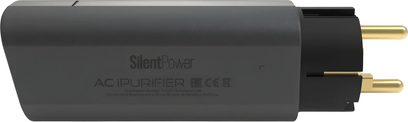 Síťový kondicionér Silent Power by ifi Audio AC iPurifier 2 v tmavě šedé barvě, pohled z boku, se dvěma zlatými kolíky