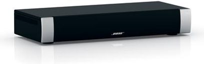 Blank, rektangulær Bose soundbar set forfra med to sølvfarvede striber på siderne
