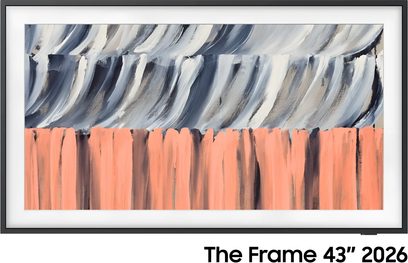 Samsung The Frame TV TQ43LS03HE 2026 med fin sort ramme og abstrakt værk i gråblå og koral på skærmen