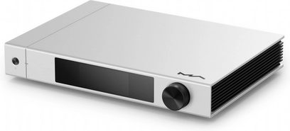 Matrix Audio Element X2 Pure network audio player in silver aluminum, three-quarter front right view, front panel with large central black screen, black volume knob on the right, headphone jack on the left, and black finned side heatsink