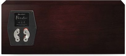 Paradigm Founder 70LCR center speaker in dark cherry finish, front view, two circular silver speakers on rectangular dark wood panel