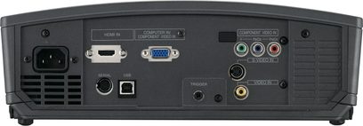 Projektor Mitsubishi HC1500, zadní pohled, konektory HDMI, VGA, S-Video, kompozitní video, USB, sériový port, trigger