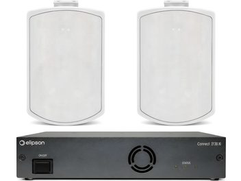 Audio pack Elipson Connect 2130 Xi met twee witte luidsprekers met frontrooster en zwarte versterker, vooraanzicht