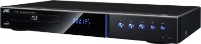 JVC XV-BP1E sort 4K Blu-ray-afspiller, set forfra, 5 blå lysende knapper til højre, blå display "068:25" til venstre