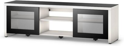Sonorous LBA1620 TV-møbel i hvid og sort, 2 glaslåger, 2 åbne nicher, midterhylde, set forfra