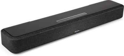 Denon Home 550 black soundbar, rectangular, elongated, with acoustic grille on the front and touch controls on the top