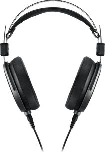 Černá drátová hi-fi sluchátka Audio Technica ATH-R70xa, pohled zepředu, dvojitý kovový prodyšný oblouk s polstrovaným čelenkou a velkými oboustrannými sametovými náušníky