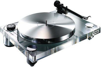 Thorens TD 2010 pladespiller set ovenfra, gennemsigtig pladedæksel, tonarm, kontrolknapper, sølvfarvet chassis