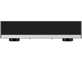 Δικτυακός audio player Matrix Audio MS‑1 σε ασημί αλουμίνιο, μαύρο μπροστινό πάνελ σε όψη από μπροστά, χρυσό κυκλικό κουμπί αριστερά, κίτρινο λογότυπο «MA» δεξιά, τοποθετημένος πάνω σε δύο μαύρα κυλινδρικά πόδια