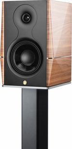Diffusore da scaffale Gold Note A3 EVO II noce lucido su supporto, frontale nero a due vie con tweeter e woofer