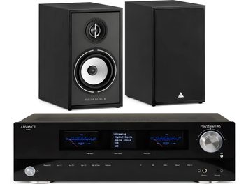 Advance Paris PlayStream A5 fekete hi-fi lánc, fekete Triangle polcsugárzó-párral, elölnézetből