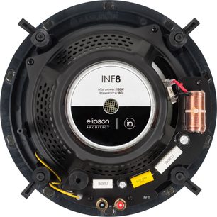 Diffusore da incasso Elipson INFINITE in-ceiling 8, vista frontale, altoparlante rotondo nero con griglia forata e tweeter centrale