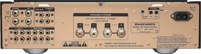 Marantz PM-KI pearl stereo hi-fi forstærker, frontvisning, gylden frontpanel med knapper, stik og indskrifter