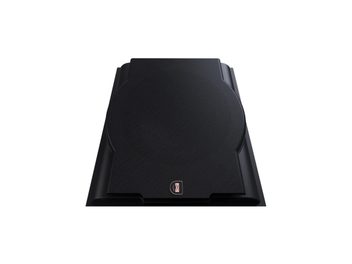 Griglia di protezione Perlisten R10s, nera, tessuto testurizzato, forma rettangolare con apertura circolare centrale, telaio rigido, logo metallico in basso, vista dall’alto