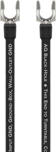 Kabel Black Hole GroundGoody 5m, pohled zepředu, dva černé vodiče s bílými nápisy a kovové stříbrné konektory