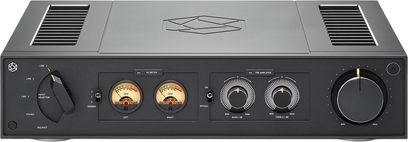 Інтегрований Hi-Fi підсилювач Rose RA280 чорного кольору, металевий корпус, вид спереду, подвійний VU-метр, великий регулятор гучності праворуч, селектор ліворуч