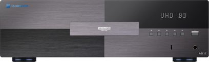 Lettore Blu ray 4K Magnetar UDP900 MKII vista frontale pannello frontale in metallo spazzolato nero grigio schermo a destra pulsanti allineati