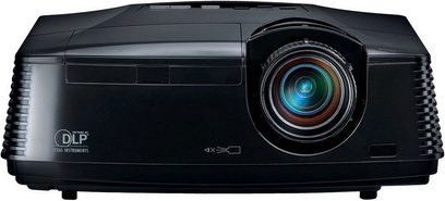 DLP-videoprojektor Mitsubishi HC4000 sort, set forfra, centreret objektiv med rund linse omgivet af koncentriske farvede cirkler