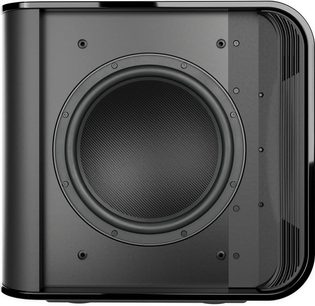 MartinLogan Depth 212 subwoofer i sort lak, set forfra med cirkulær højttaler og sidegitre