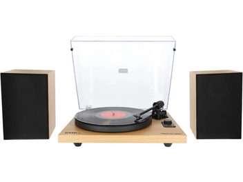 Hi-fi pladespiller Enova HIFI Vision 2 SET bøg med gennemsigtigt låg, sort pladetallerken, tonearm, 2 rektangulære højttalere