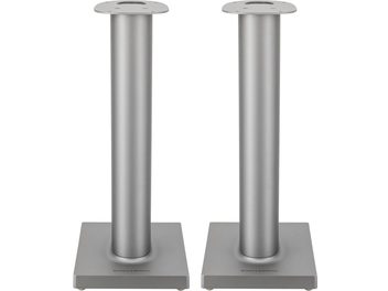 Zwei zylindrische Lautsprecherständer aus mattiertem, gebürstetem Silbermetall, Marke Bowers & Wilkins, Modell Formation FS Duo Stand
