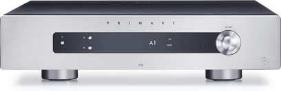 Amplificator hi-fi stereo Primare I25 DAC argintiu, vedere frontală, față rectangulară argintie, butoane și mufe pe față